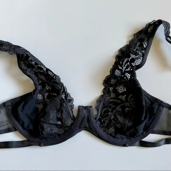 Black Strappy Bra Floral Lace Mesh Sides 34C Underwire No Tag Lingerie - Picture 9 of 12